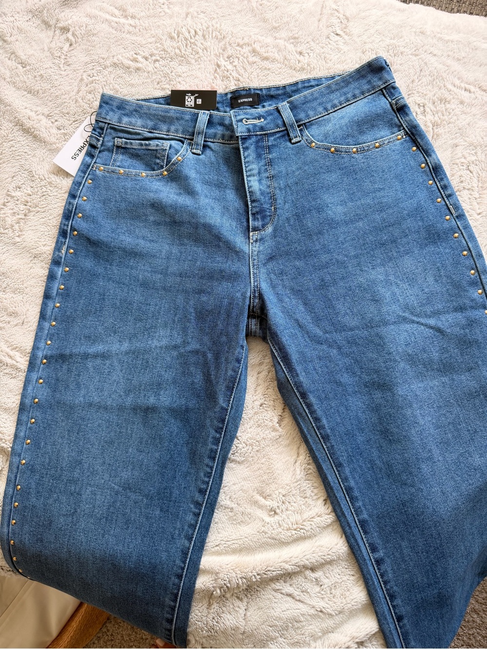 Express High-Rise Blue Jeans with Gold Stud Trim - Women's
